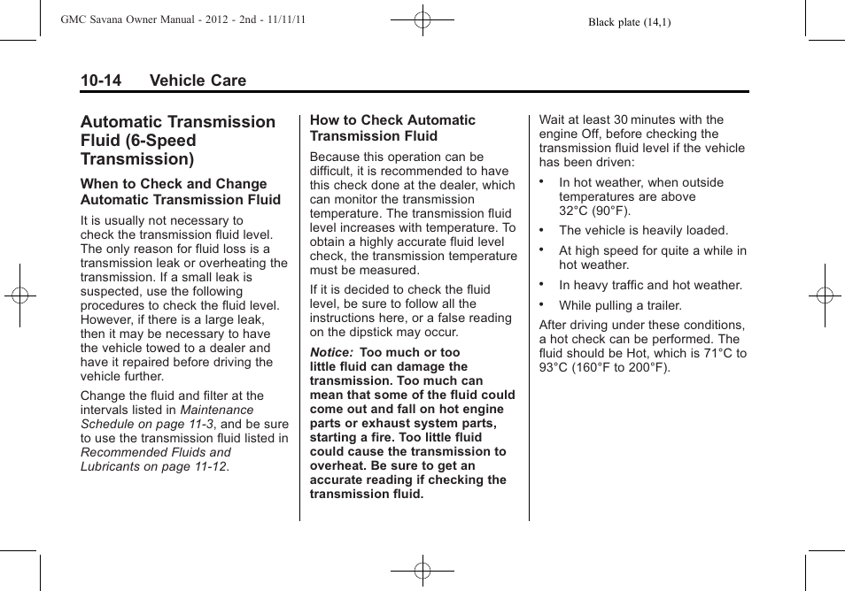 Automatic transmission, Fluid (6-speed transmission) -14, Front | 14 vehicle care | GMC 2012 Savana User Manual | Page 280 / 424