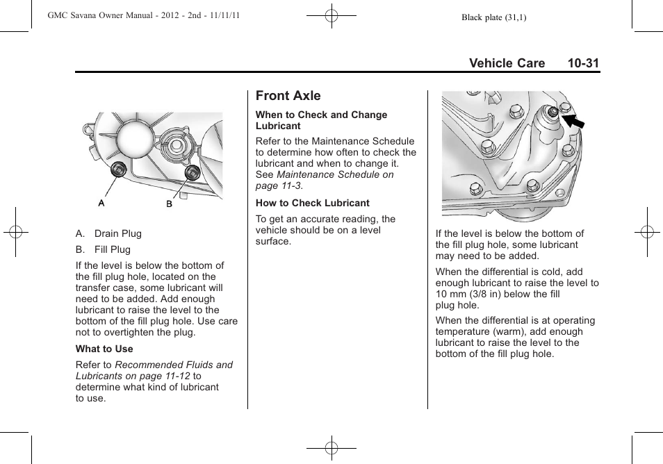 Front axle, Front axle -31, Vehicle care 10-31 | GMC 2012 Savana User Manual | Page 297 / 424
