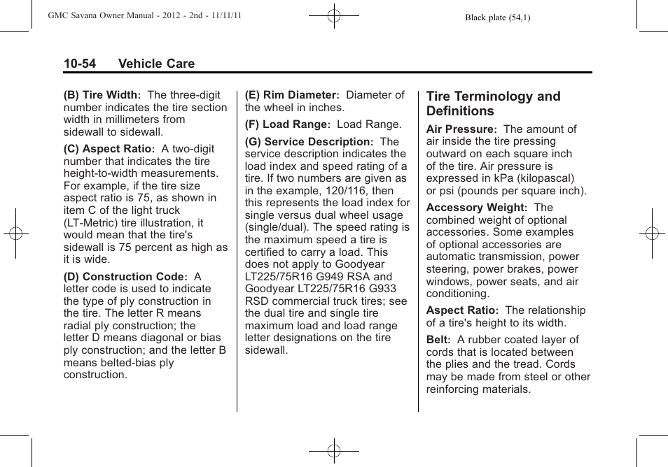 Tire terminology and definitions, Tire terminology and, Definitions -54 | GMC 2012 Savana User Manual | Page 320 / 424