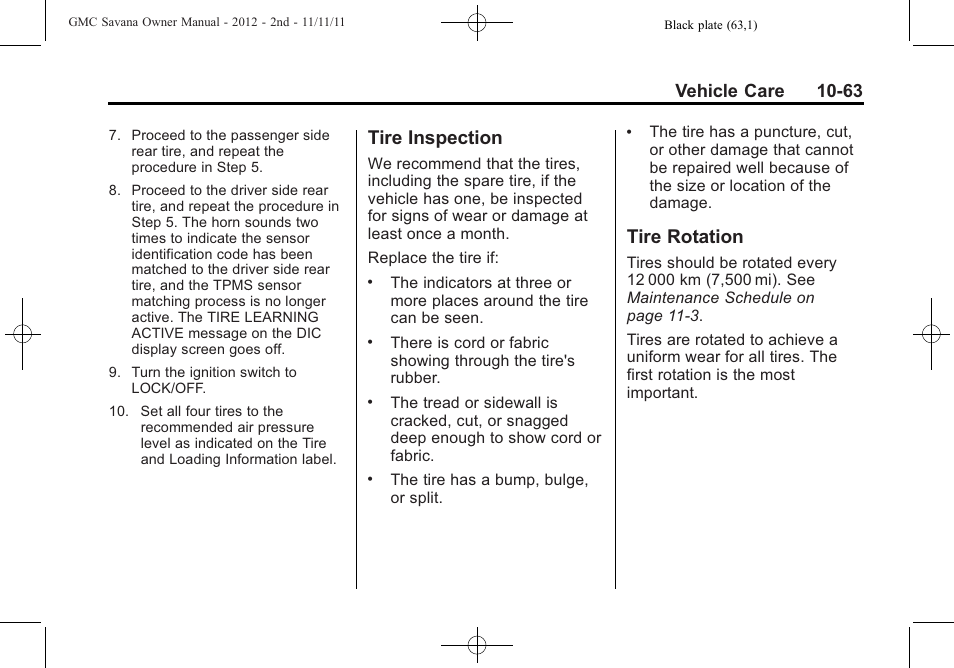 Tire inspection, Tire rotation, Tire inspection -63 tire rotation -63 | Vehicle care 10-63 | GMC 2012 Savana User Manual | Page 329 / 424
