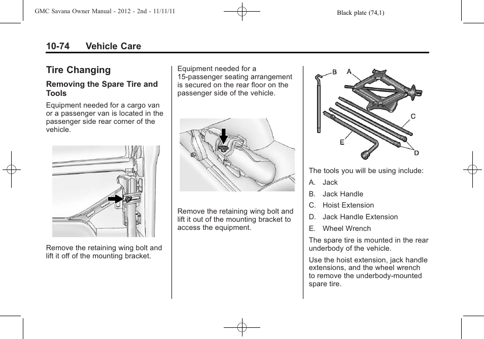 Tire changing, Tire changing -74 | GMC 2012 Savana User Manual | Page 340 / 424