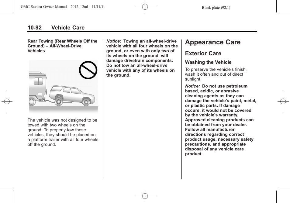 Appearance care, Exterior care, Appearance care -92 | Exterior care -92 | GMC 2012 Savana User Manual | Page 358 / 424