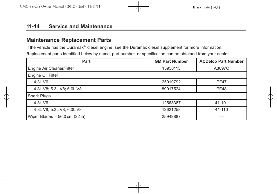 Maintenance replacement parts, Maintenance replacement, Parts -14 | 14 service and maintenance | GMC 2012 Savana User Manual | Page 378 / 424