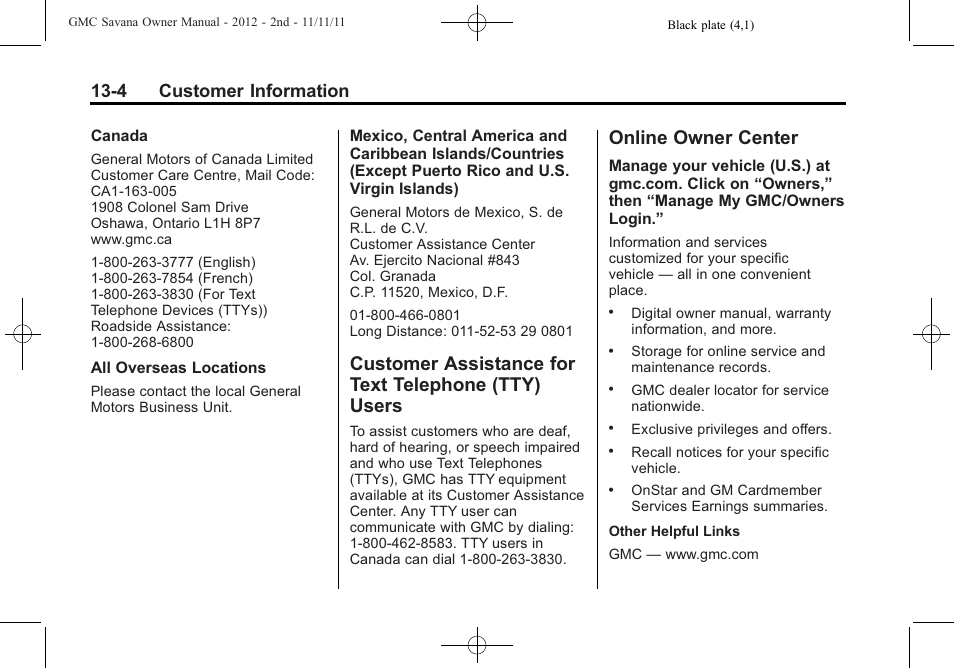 Customer assistance for text telephone (tty) users, Online owner center, Customer assistance for text | Telephone (tty) users -4, Online owner center -4, 4 customer information | GMC 2012 Savana User Manual | Page 392 / 424