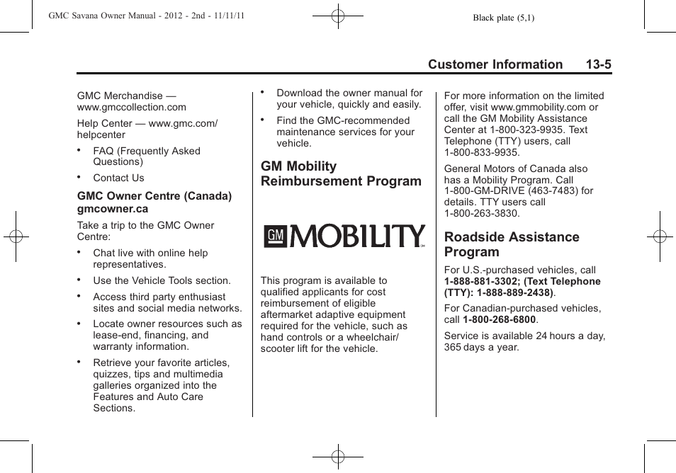 Gm mobility reimbursement program, Roadside assistance program, Gm mobility reimbursement | Program -5, Roadside assistance, Navigation, Customer information 13-5 | GMC 2012 Savana User Manual | Page 393 / 424