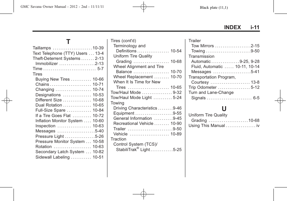 Index_t, Index_u, Index i-11 | GMC 2012 Savana User Manual | Page 423 / 424