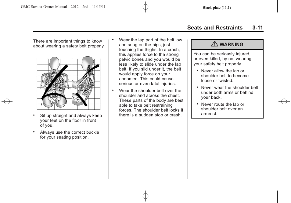 Seats and restraints 3-11 | GMC 2012 Savana User Manual | Page 59 / 424