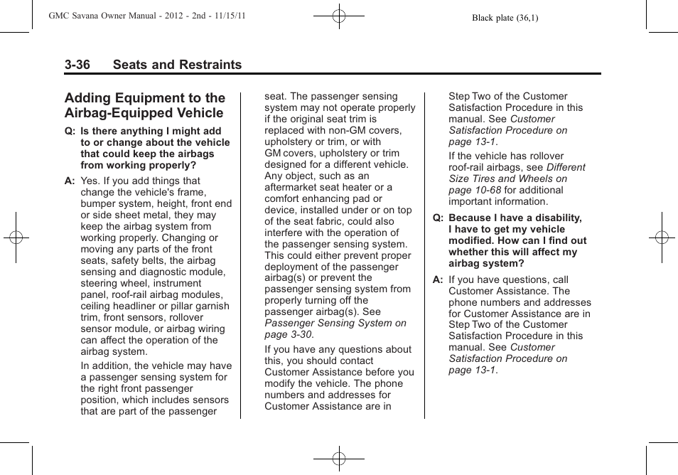 Adding equipment to the airbag-equipped vehicle, Equipment to the, Airbag-equipped vehicle -36 | GMC 2012 Savana User Manual | Page 84 / 424