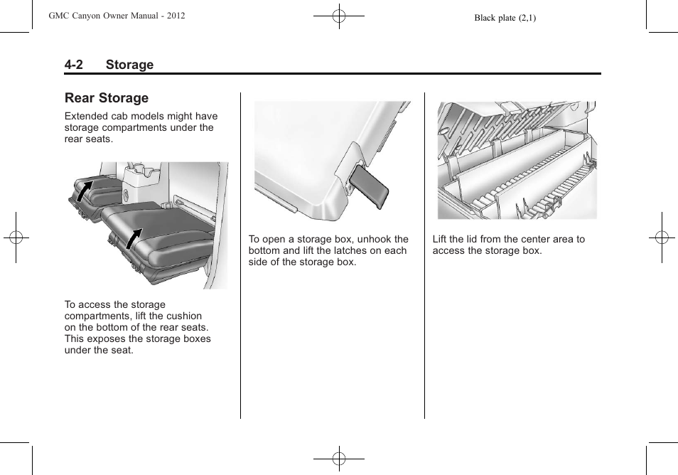 Rear storage | GMC 2012 Canyon User Manual | Page 106 / 386