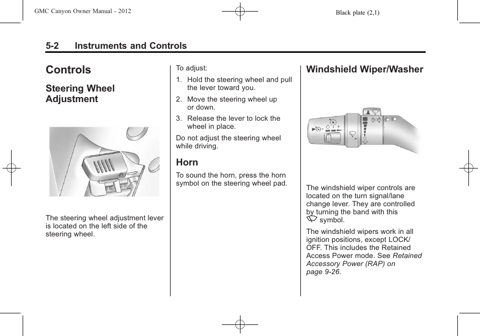 Controls, Steering wheel adjustment, Horn | Windshield wiper/washer, Controls -2 | GMC 2012 Canyon User Manual | Page 110 / 386