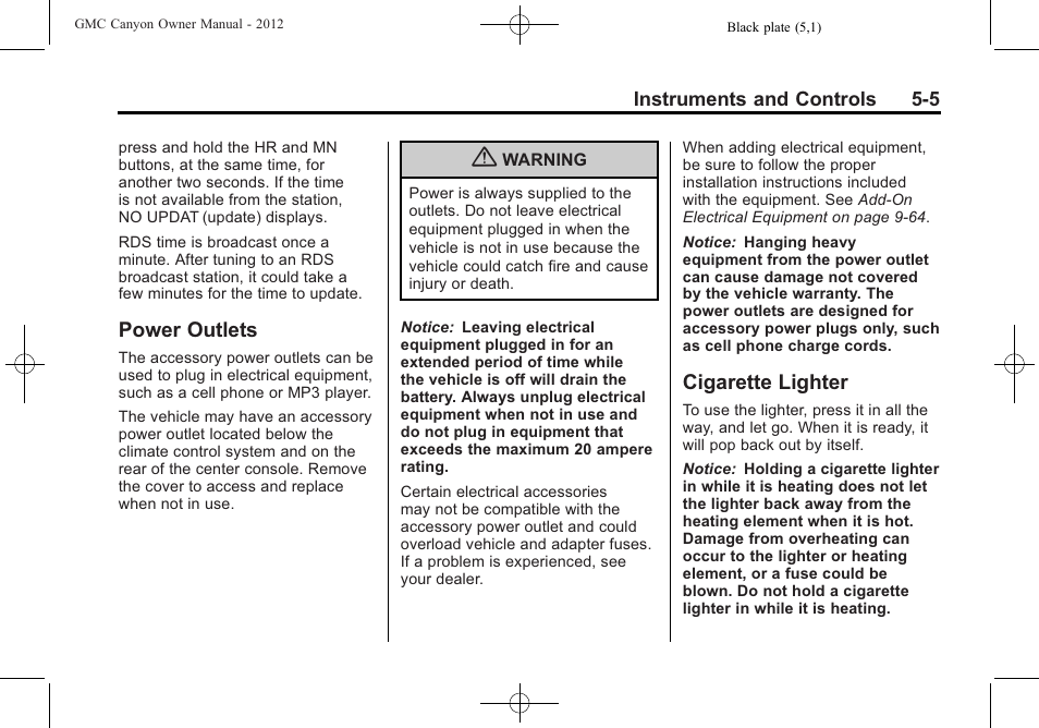 Power outlets, Cigarette lighter, Power outlets -5 cigarette lighter -5 | GMC 2012 Canyon User Manual | Page 113 / 386