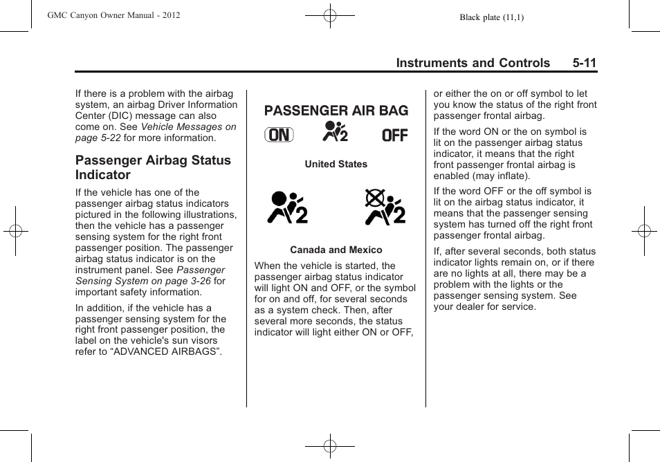 Passenger airbag status indicator, Passenger airbag status, Indicator -11 | GMC 2012 Canyon User Manual | Page 119 / 386