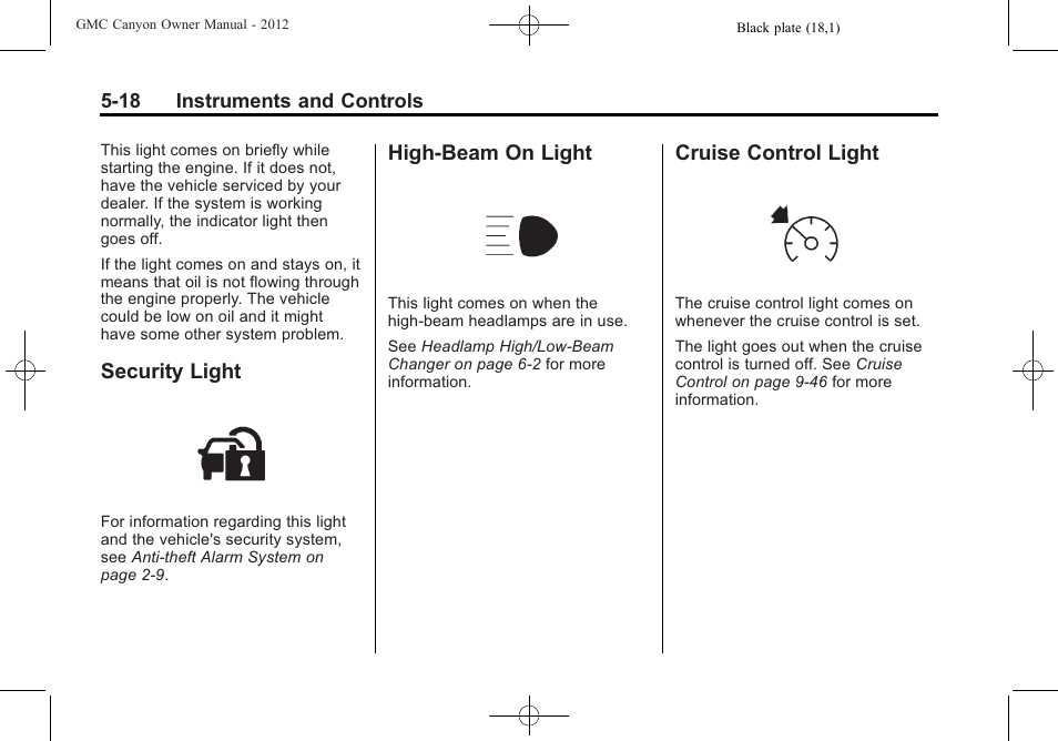 Security light, High-beam on light, Cruise control light | GMC 2012 Canyon User Manual | Page 126 / 386