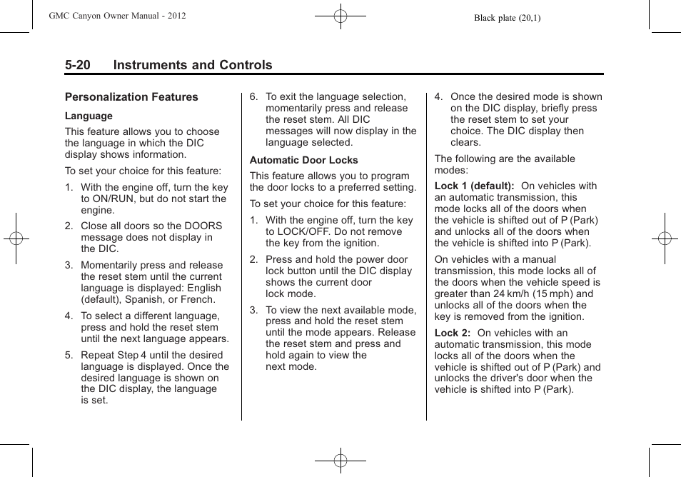 20 instruments and controls | GMC 2012 Canyon User Manual | Page 128 / 386