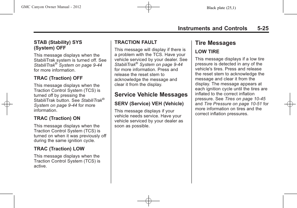 Service vehicle messages, Tire messages, Service vehicle messages -25 tire messages -25 | Instruments and controls 5-25 | GMC 2012 Canyon User Manual | Page 133 / 386