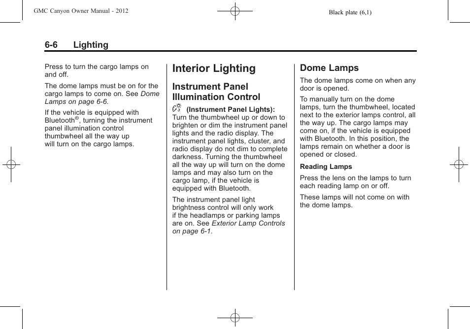Interior lighting, Instrument panel illumination control, Dome lamps | Interior lighting -6, Instrument panel illumination, Control -6, Dome lamps -6, Instrument panel illumination control d | GMC 2012 Canyon User Manual | Page 140 / 386