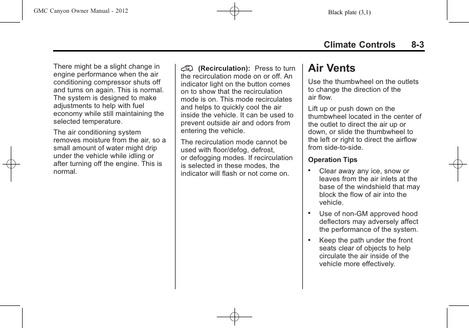 Air vents, Climate controls 8-3 | GMC 2012 Canyon User Manual | Page 171 / 386