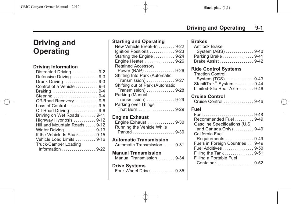 Driving and operating, Driving and operating -1, Driving and operating 9-1 | GMC 2012 Canyon User Manual | Page 173 / 386