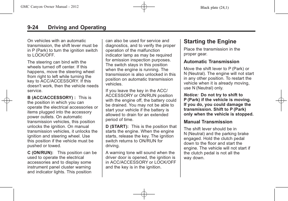 Starting the engine, Starting the engine -24, Parking | GMC 2012 Canyon User Manual | Page 196 / 386