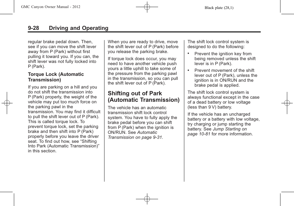 Shifting out of park (automatic transmission), Shifting out of park (automatic, Transmission) -28 | 28 driving and operating | GMC 2012 Canyon User Manual | Page 200 / 386