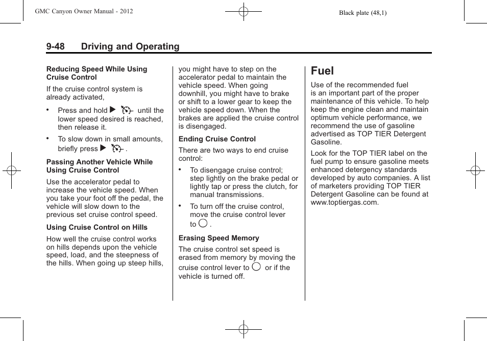 Fuel, Fuel -48, 48 driving and operating | GMC 2012 Canyon User Manual | Page 220 / 386