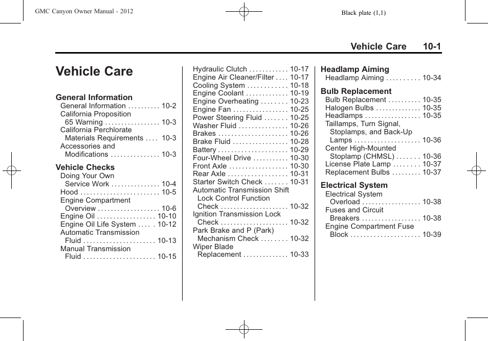 Vehicle care, Vehicle care -1, Vehicle care 10-1 | GMC 2012 Canyon User Manual | Page 237 / 386