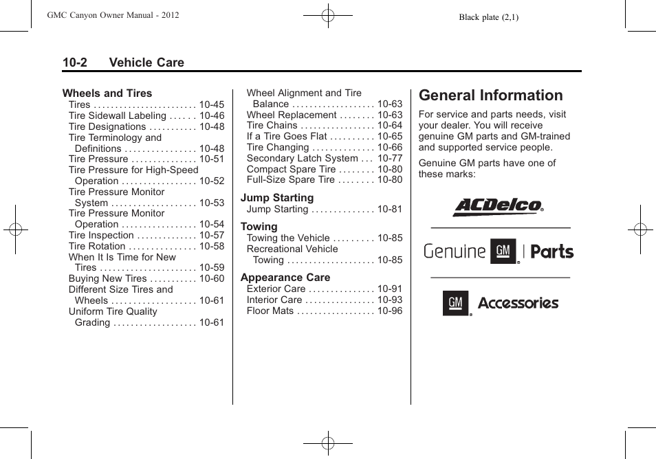 General information, General information -2, 2 vehicle care | GMC 2012 Canyon User Manual | Page 238 / 386