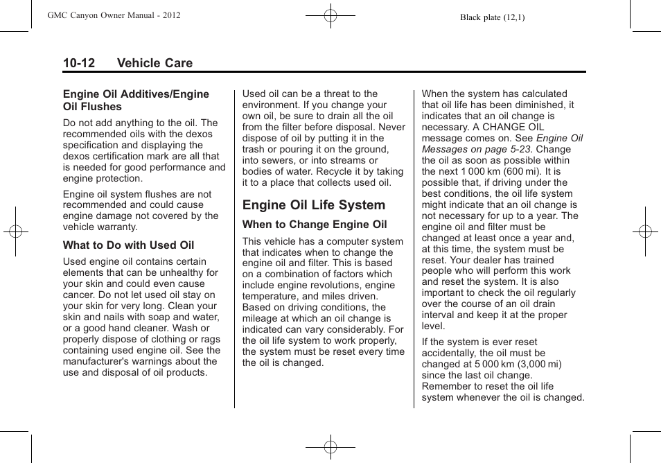 Engine oil life system, Engine oil life system -12 | GMC 2012 Canyon User Manual | Page 248 / 386