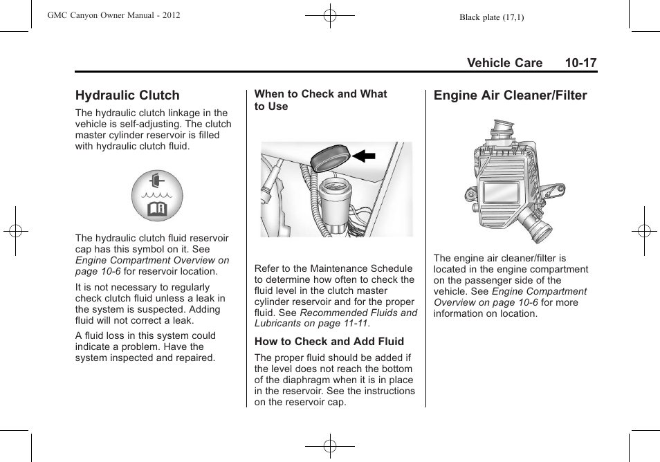 Hydraulic clutch, Engine air cleaner/filter, Hydraulic clutch -17 engine air cleaner/filter -17 | Headlamp, Engine air cleaner/filter on | GMC 2012 Canyon User Manual | Page 253 / 386