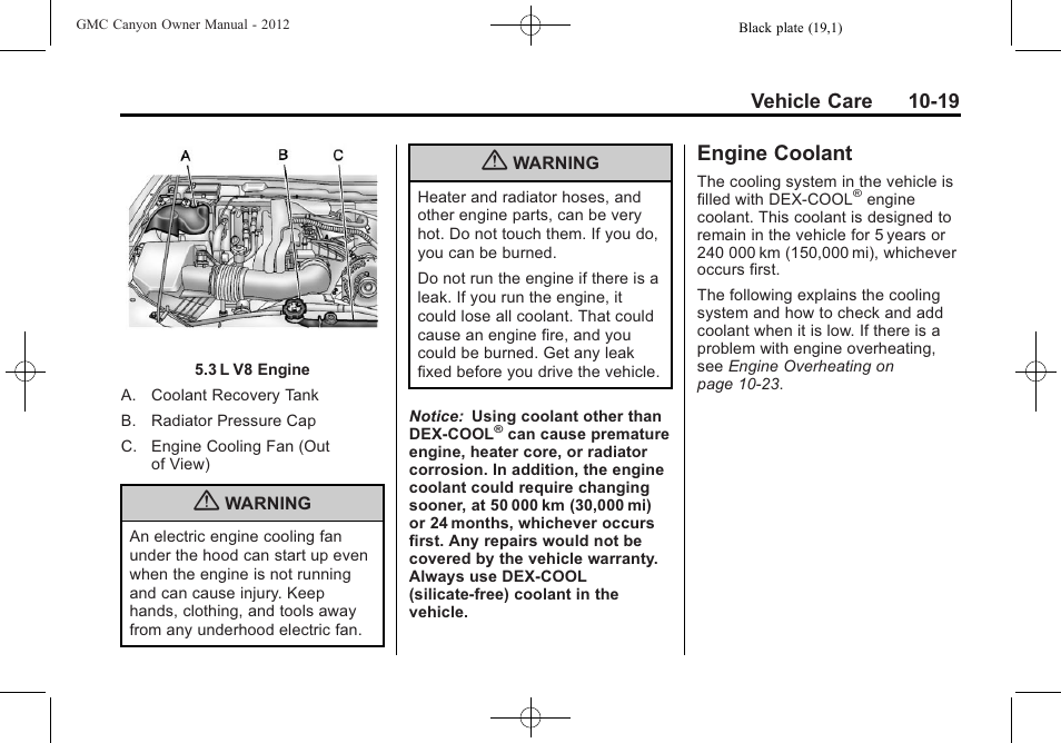 Engine coolant, Engine coolant -19, Bulb replacemen | GMC 2012 Canyon User Manual | Page 255 / 386