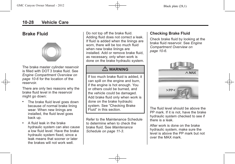 Brake fluid, Brake fluid -28 | GMC 2012 Canyon User Manual | Page 264 / 386