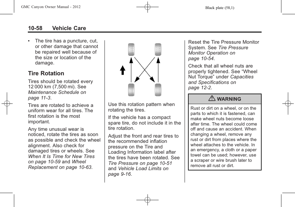Tire rotation, Tire rotation -58 | GMC 2012 Canyon User Manual | Page 294 / 386