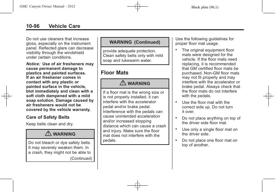 Floor mats, Floor mats -96, 96 vehicle care | GMC 2012 Canyon User Manual | Page 332 / 386