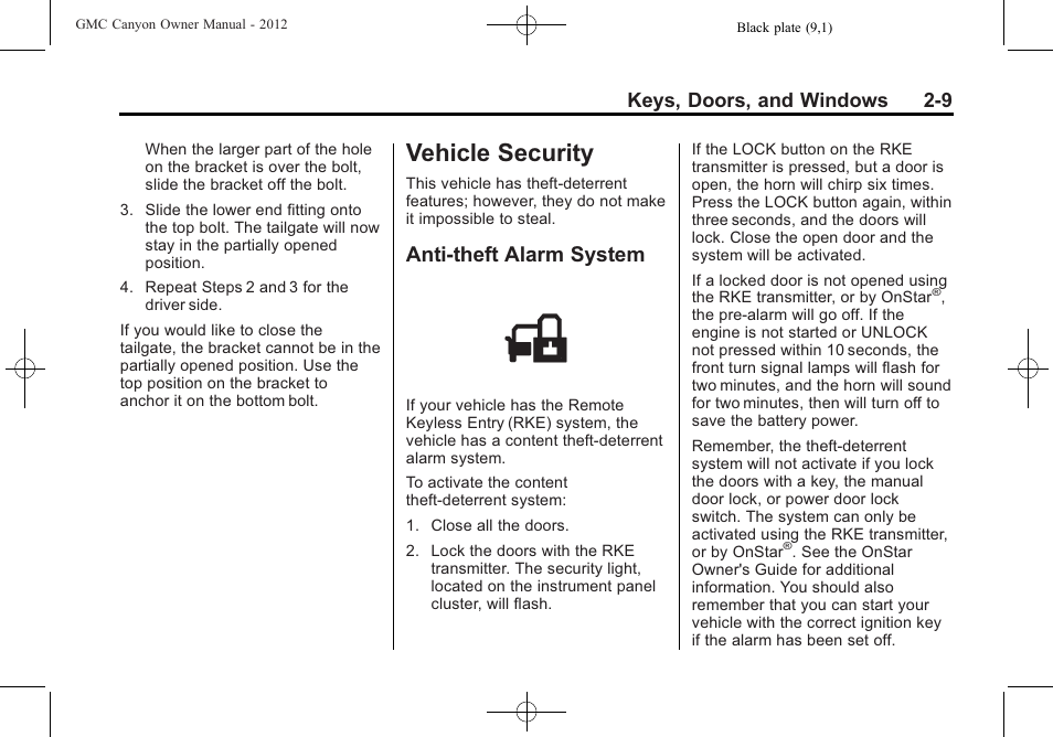Vehicle security, Anti-theft alarm system, Vehicle security -9 | Vehicle security -9 anti-theft alarm system -9, Keys, doors, and windows 2-9 | GMC 2012 Canyon User Manual | Page 35 / 386