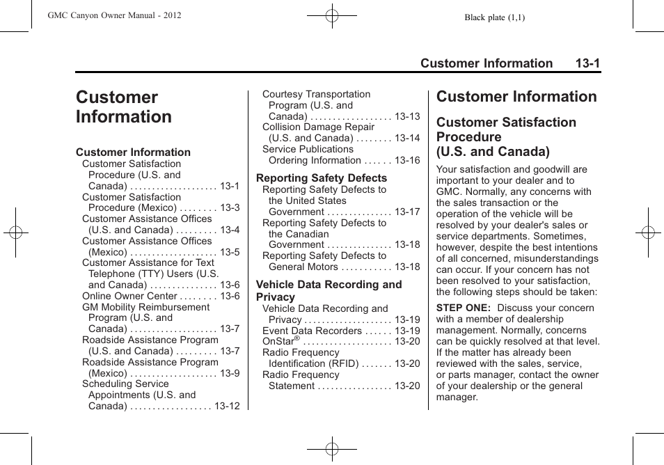Customer information, Customer satisfaction procedure (u.s. and canada), Information -1 | Customer information -1, Customer information 13-1 | GMC 2012 Canyon User Manual | Page 355 / 386