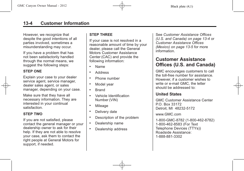 Customer assistance offices (u.s. and canada), Customer assistance offices, U.s. and canada) -4 | 4 customer information | GMC 2012 Canyon User Manual | Page 358 / 386