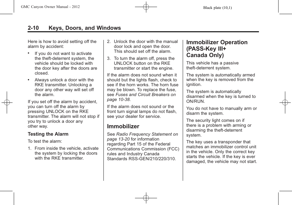 Immobilizer, Immobilizer operation (pass-key iii+ canada only), Immobilizer -10 immobilizer operation | Pass-key iii+ canada only) -10, 10 keys, doors, and windows | GMC 2012 Canyon User Manual | Page 36 / 386