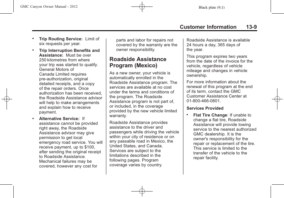 Roadside assistance program (mexico), Roadside assistance program, Mexico) -9 | Customer information 13-9 | GMC 2012 Canyon User Manual | Page 363 / 386