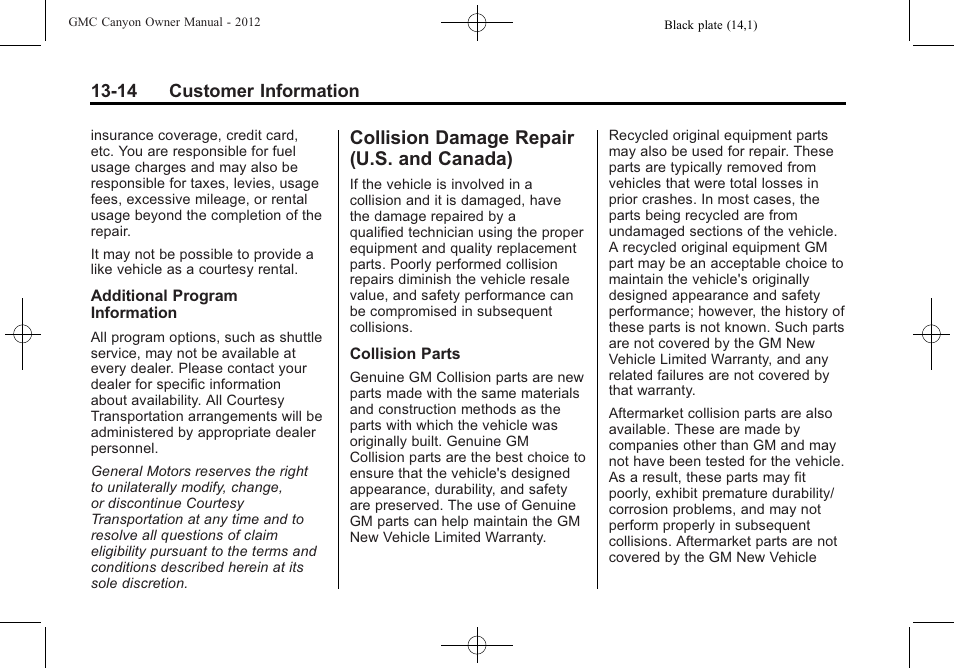 Collision damage repair (u.s. and canada), Collision damage repair, U.s. and canada) -14 | Procedure | GMC 2012 Canyon User Manual | Page 368 / 386