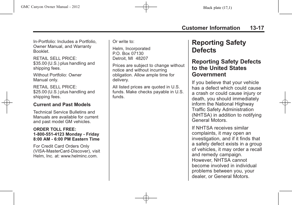 Reporting safety defects, Reporting safety defects -17, Reporting safety defects to | The united states government -17 | GMC 2012 Canyon User Manual | Page 371 / 386