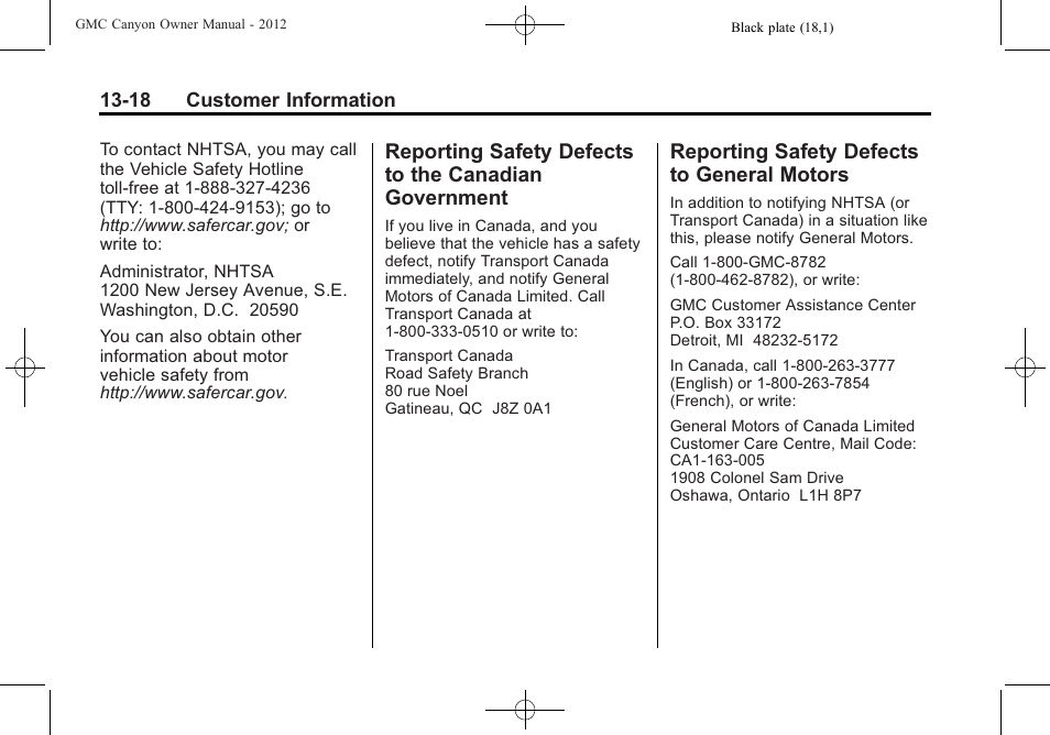 Reporting safety defects to general motors, Reporting safety defects to, Canadian government -18 | Defects to, General motors -18 | GMC 2012 Canyon User Manual | Page 372 / 386