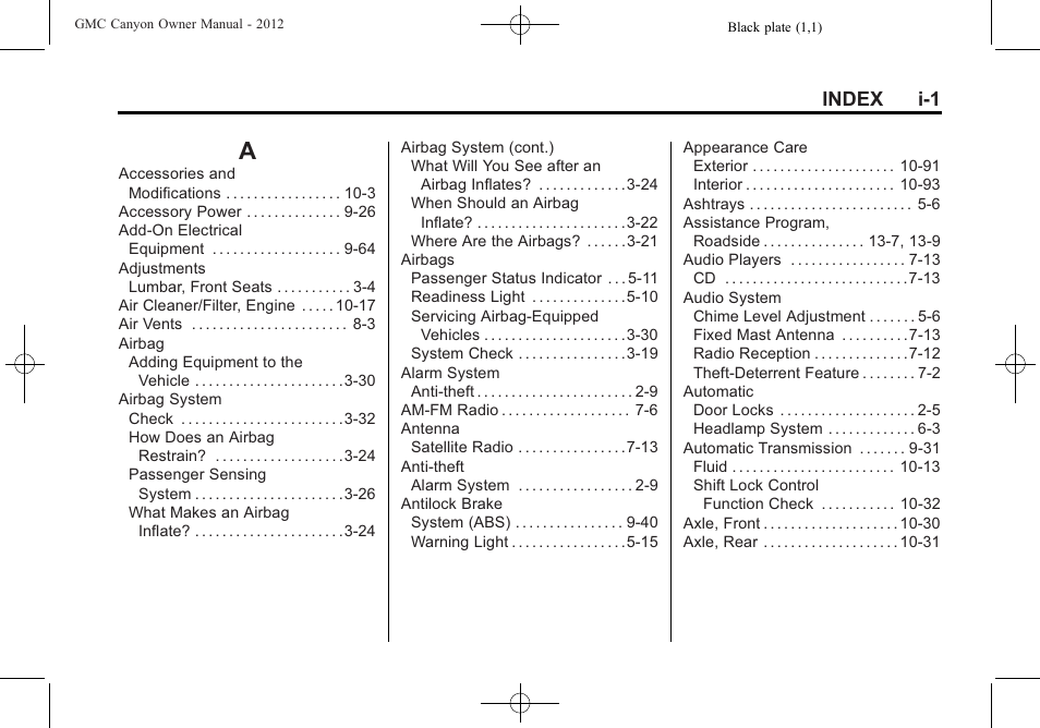 Index, Index_a, Index i-1 | GMC 2012 Canyon User Manual | Page 375 / 386