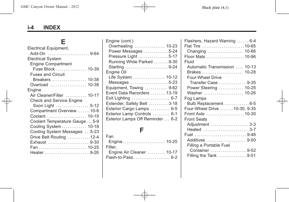 Index_e, Index_f, I-4 index | GMC 2012 Canyon User Manual | Page 378 / 386