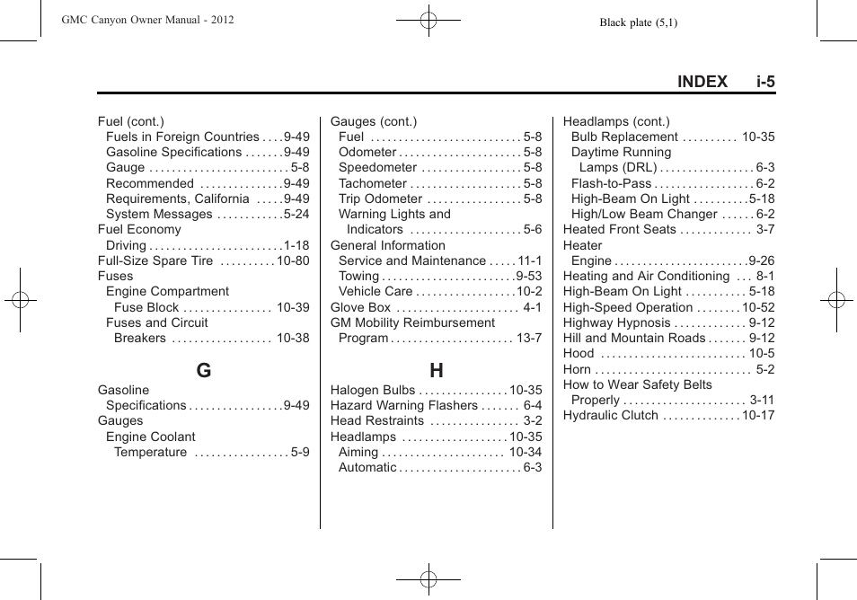 Index_g, Index_h, Index i-5 | GMC 2012 Canyon User Manual | Page 379 / 386
