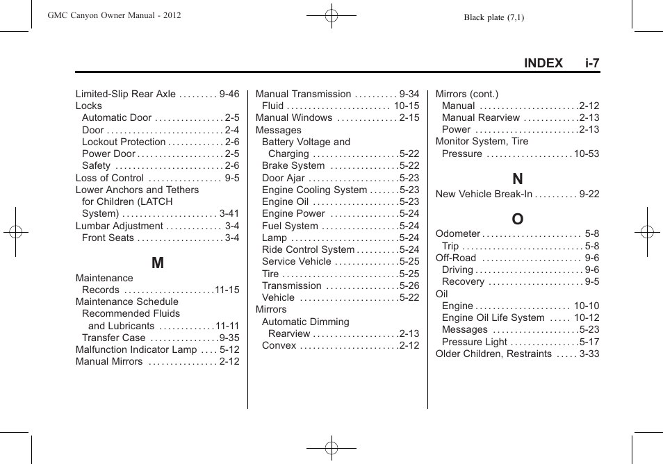 Index_m, Index_n, Index_o | GMC 2012 Canyon User Manual | Page 381 / 386