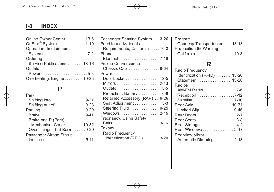 Index_p, Index_r, I-8 index | GMC 2012 Canyon User Manual | Page 382 / 386