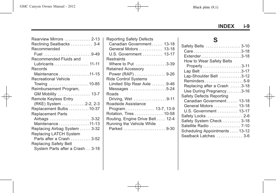 Index_s, Index i-9 | GMC 2012 Canyon User Manual | Page 383 / 386