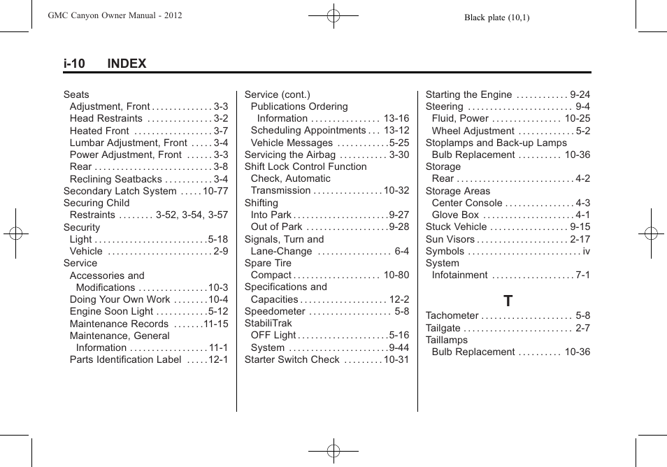 Index_t, I-10 index | GMC 2012 Canyon User Manual | Page 384 / 386