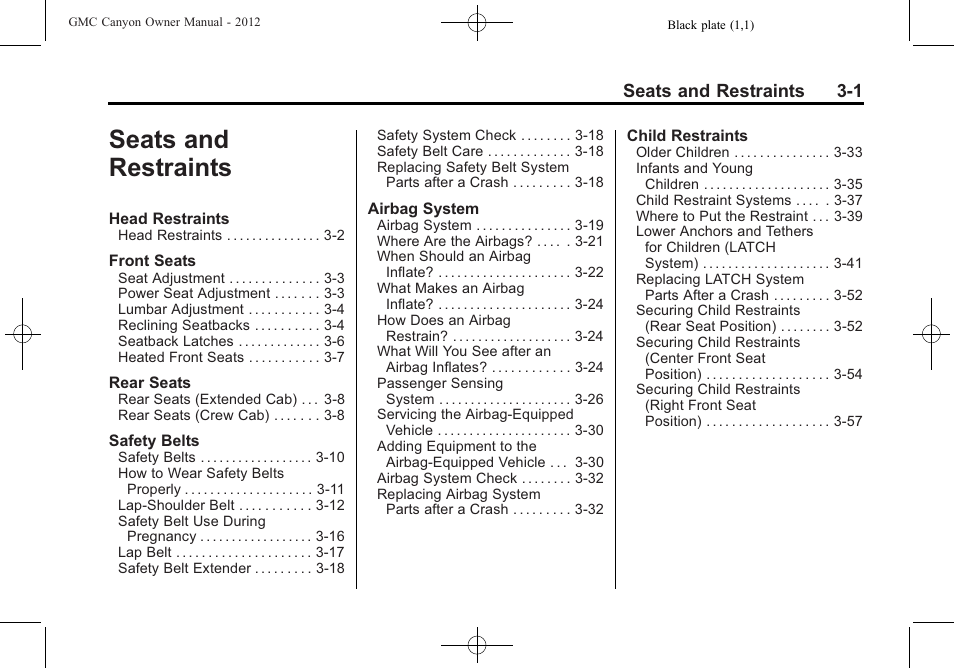 Seats and restraints, Seats and restraints -1, Seats and restraints 3-1 | GMC 2012 Canyon User Manual | Page 45 / 386