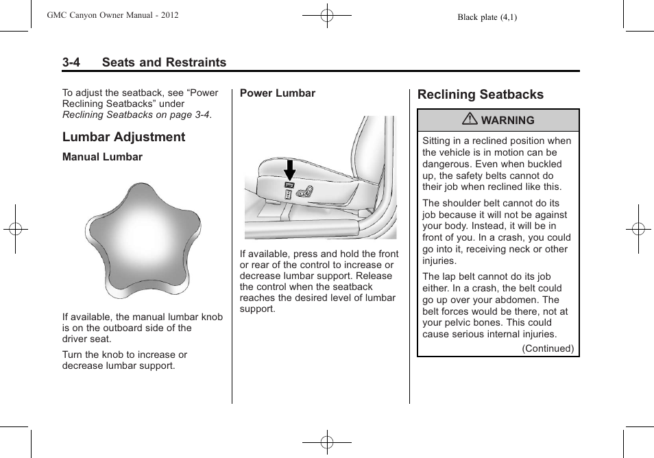 Lumbar adjustment, Reclining seatbacks, Lumbar adjustment -4 reclining seatbacks -4 | GMC 2012 Canyon User Manual | Page 48 / 386